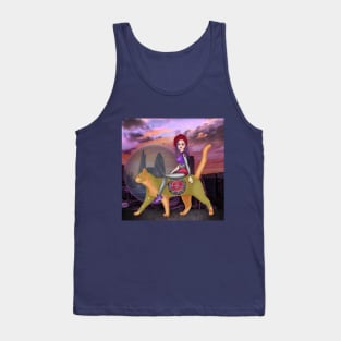 Cyber girl and cyber cat in the city at night Tank Top